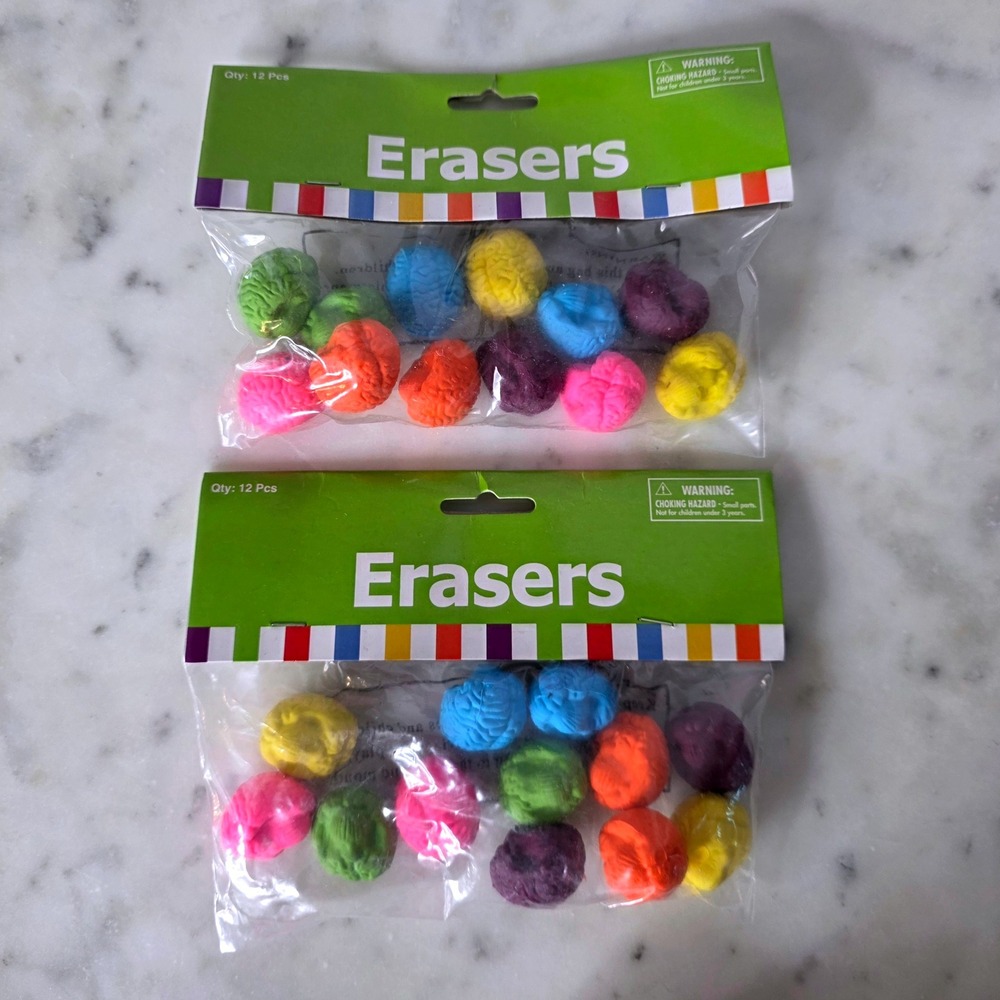 12 Pcs Novelty Brain Erasers Fun Assrtd Colors Bulk Pack Kids School Supplies